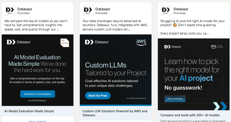 Three Datasaur paid social examples about AI model evaluation, custom LLMs and model selection