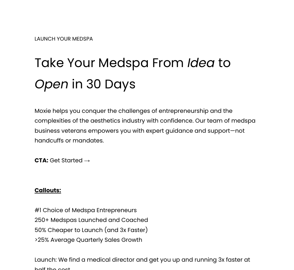 Moxie landing-page copy concept for medspa founders, including headline, proposition and callouts