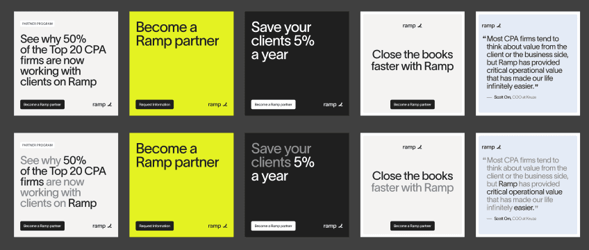 Ramp Partner Program campaign variations using proof, partner incentives and operational benefits